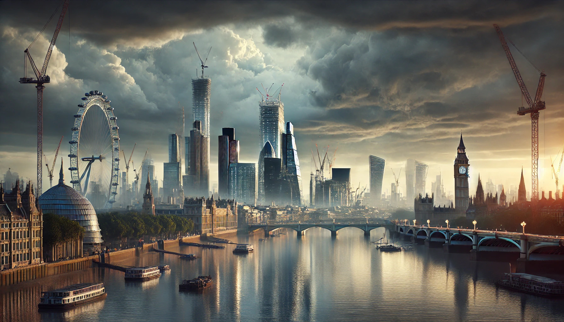 A digital painting of the London skyline in 2030, reflecting political and economic uncertainty.